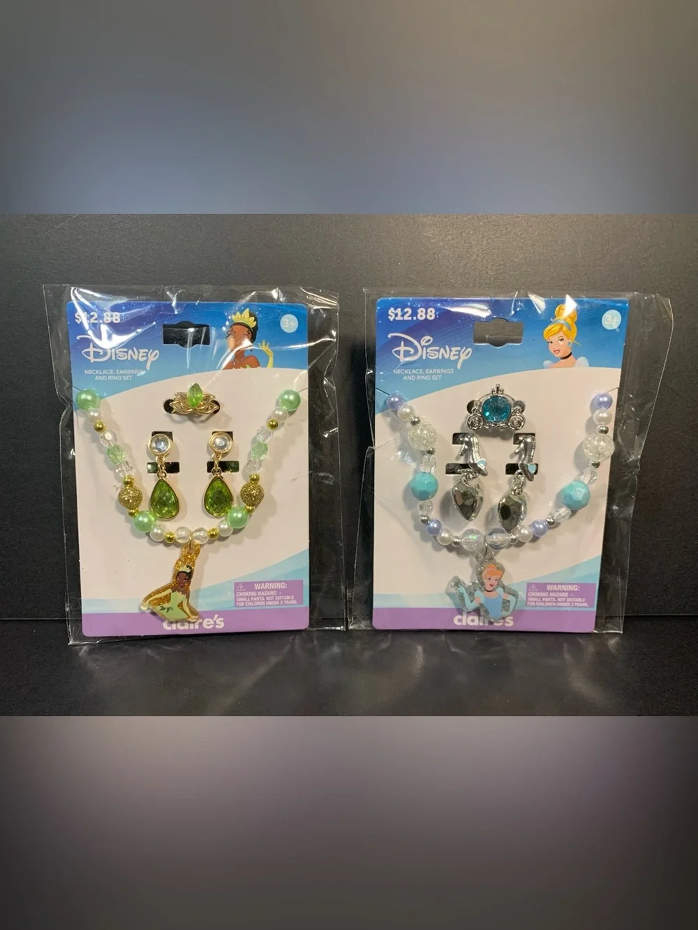 Lot of 2 Disney Claire's Jewelry Sets Cinderella and Princess Tiana NIP